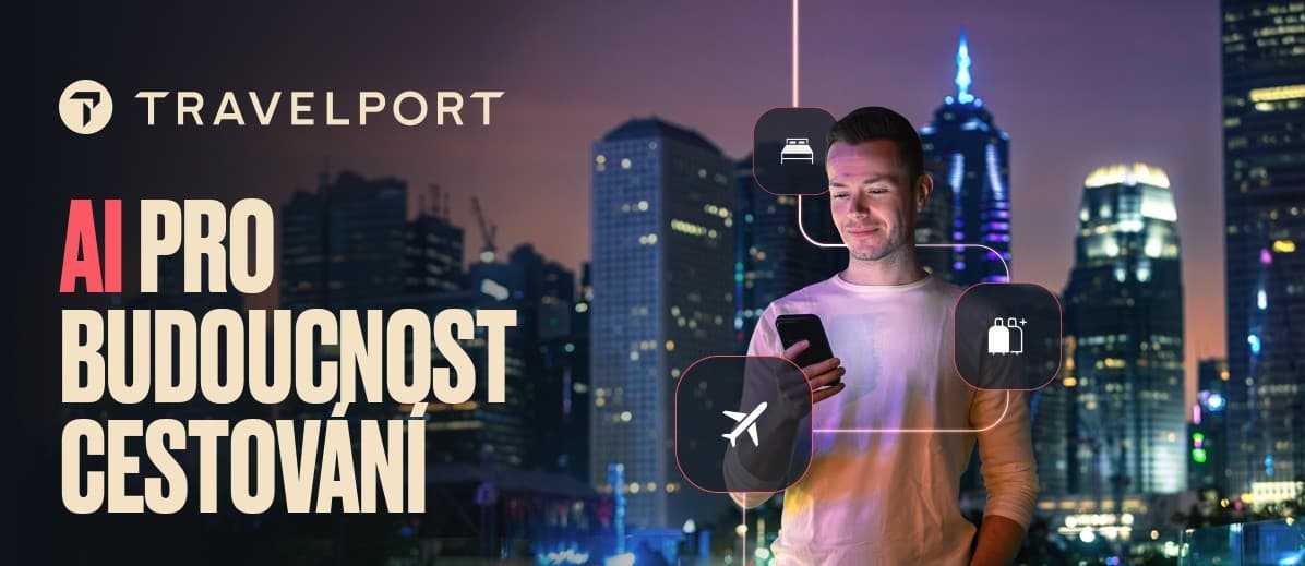 Grafika Travelportu AI pro budoucnost cestování – muž s telefonem před nočním panoramatem města